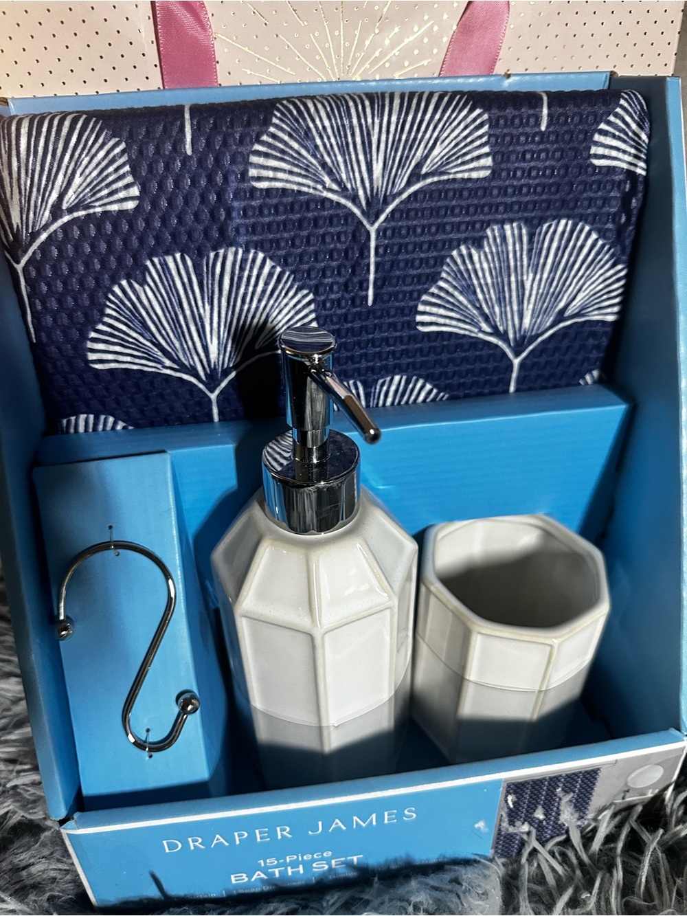 15PCS Draper James Navy & White Ceramic Bath Accessory Set/Floral Shower Towel